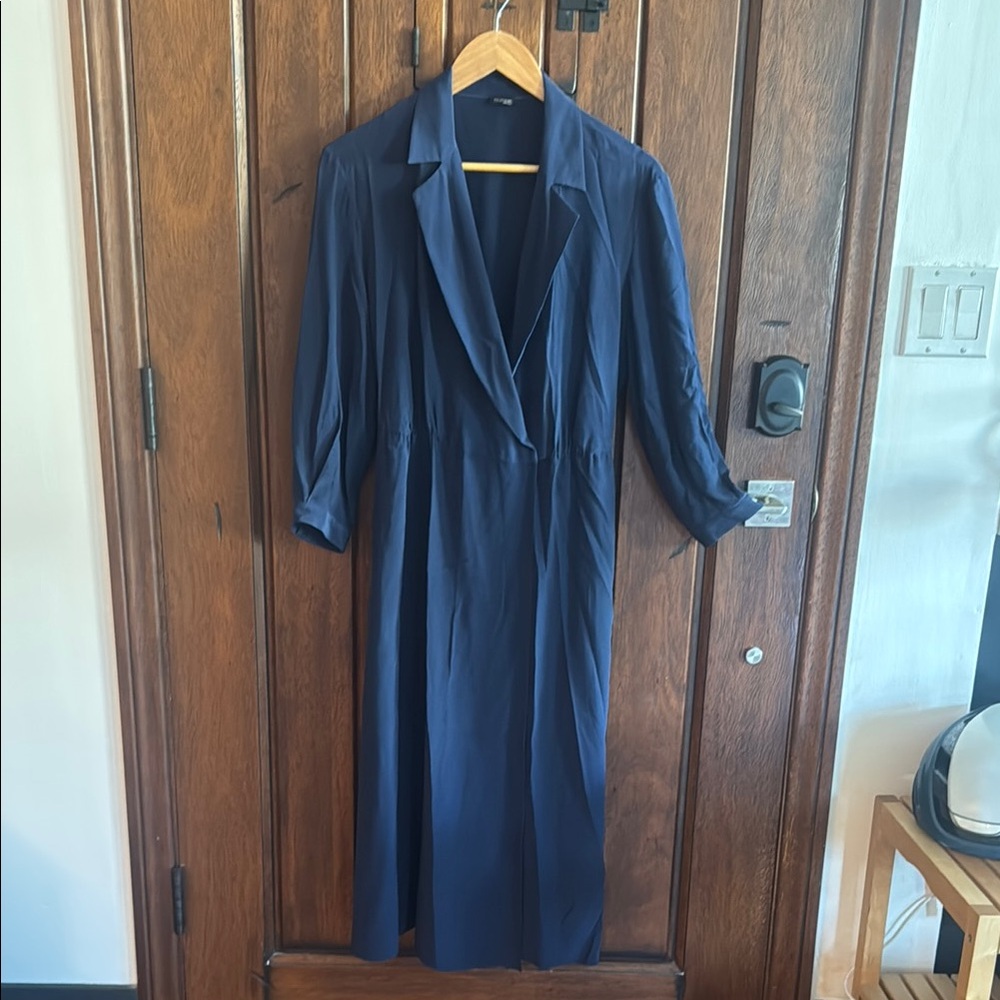 Kiton Napoli Blue Silk Sheath Dress with Notched Collar, made in Italy